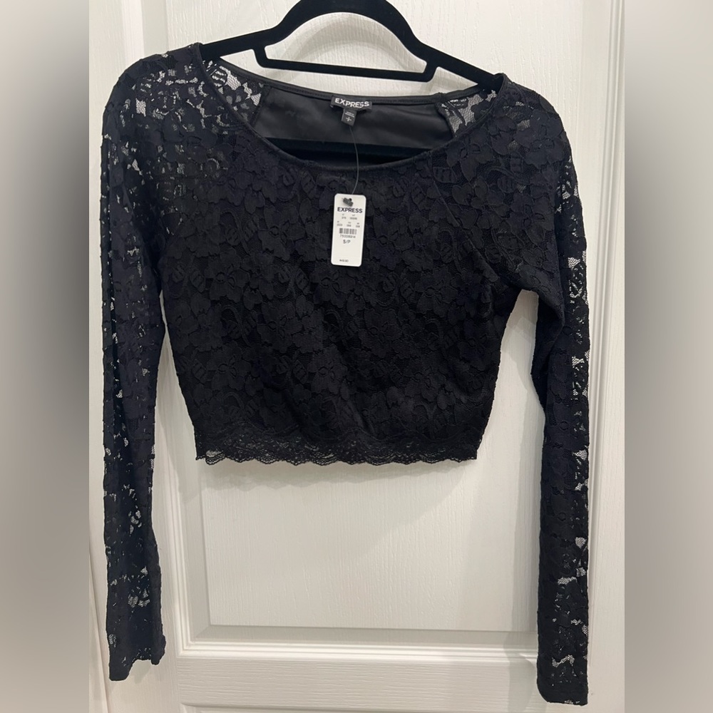Express, black lace crop top, long sleeve, size Small